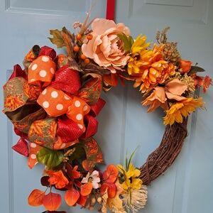 Autumn Fall Harvest Wreath with Orange and Red Accents